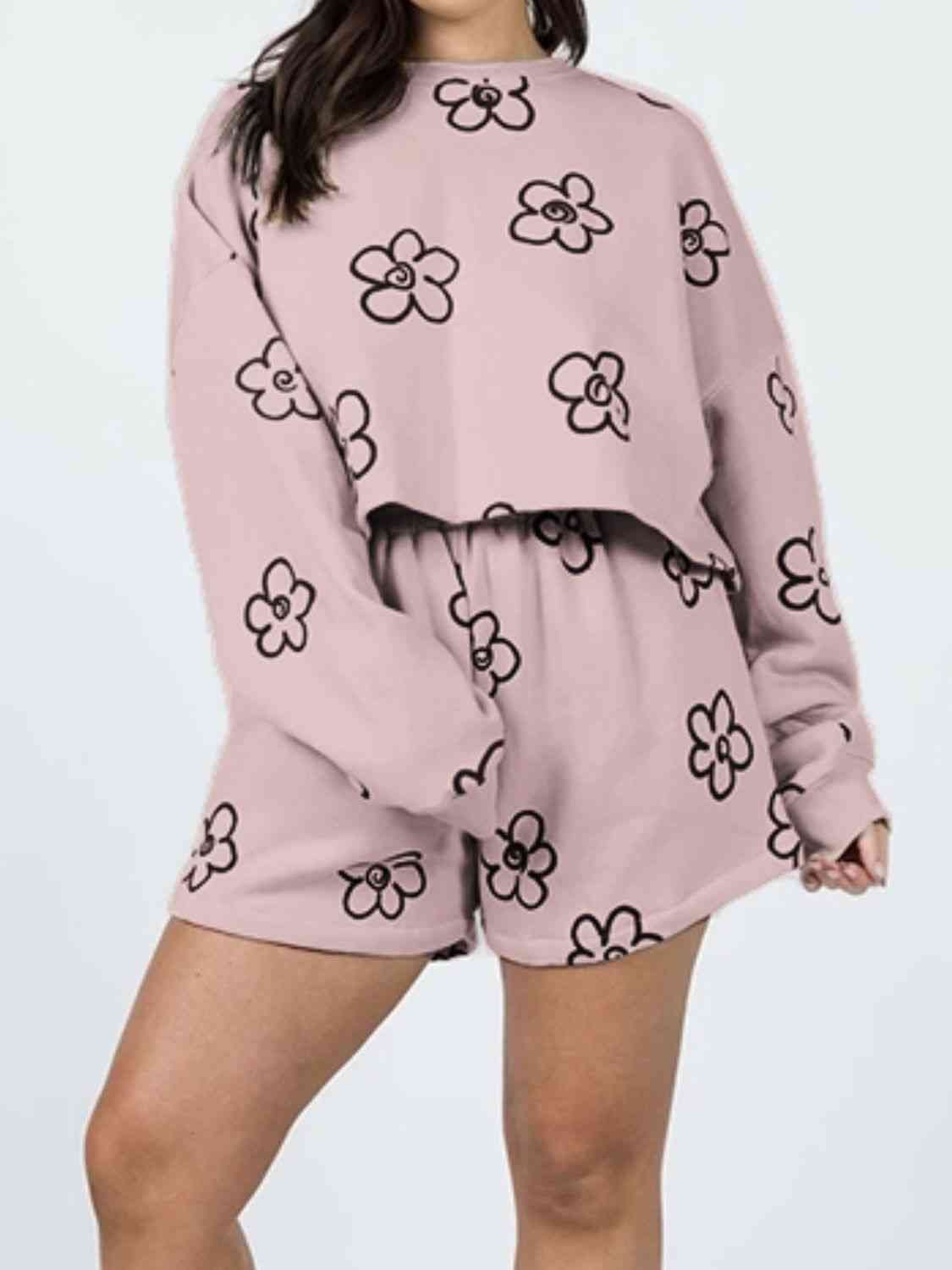 FleeceFlex Floral Dropped Shoulder Sweatshirt and Shorts Set