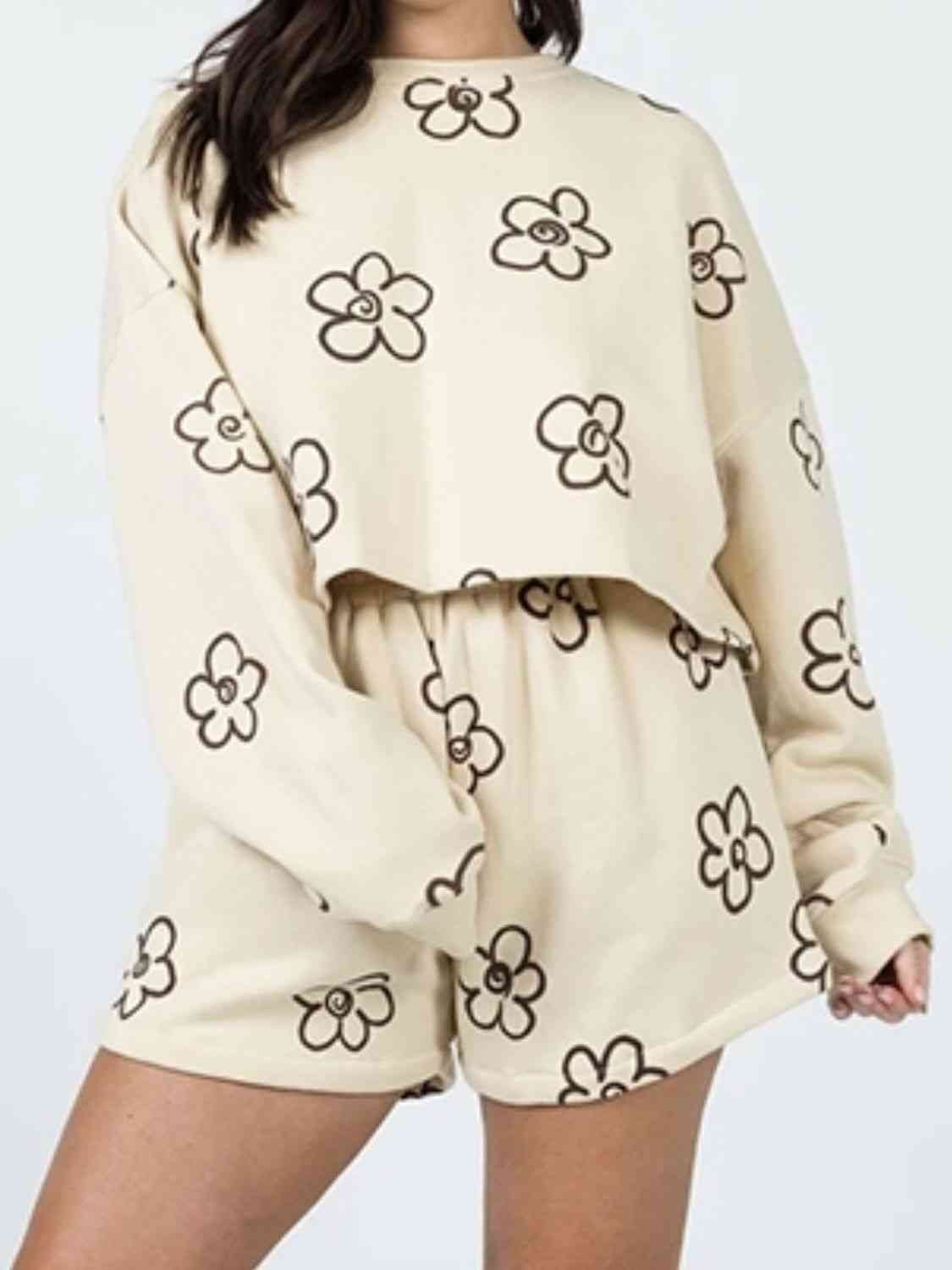 FleeceFlex Floral Dropped Shoulder Sweatshirt and Shorts Set