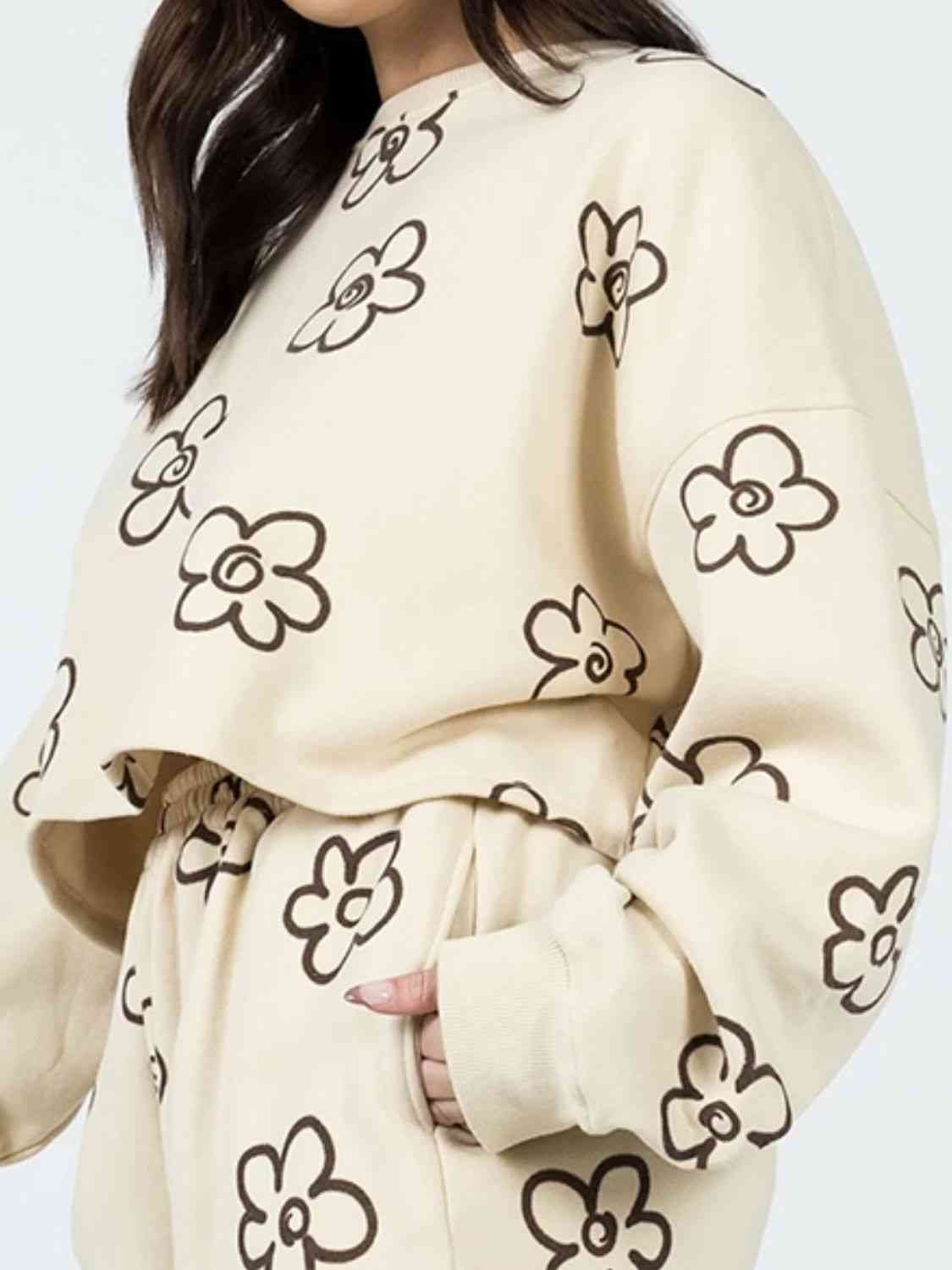 FleeceFlex Floral Dropped Shoulder Sweatshirt and Shorts Set