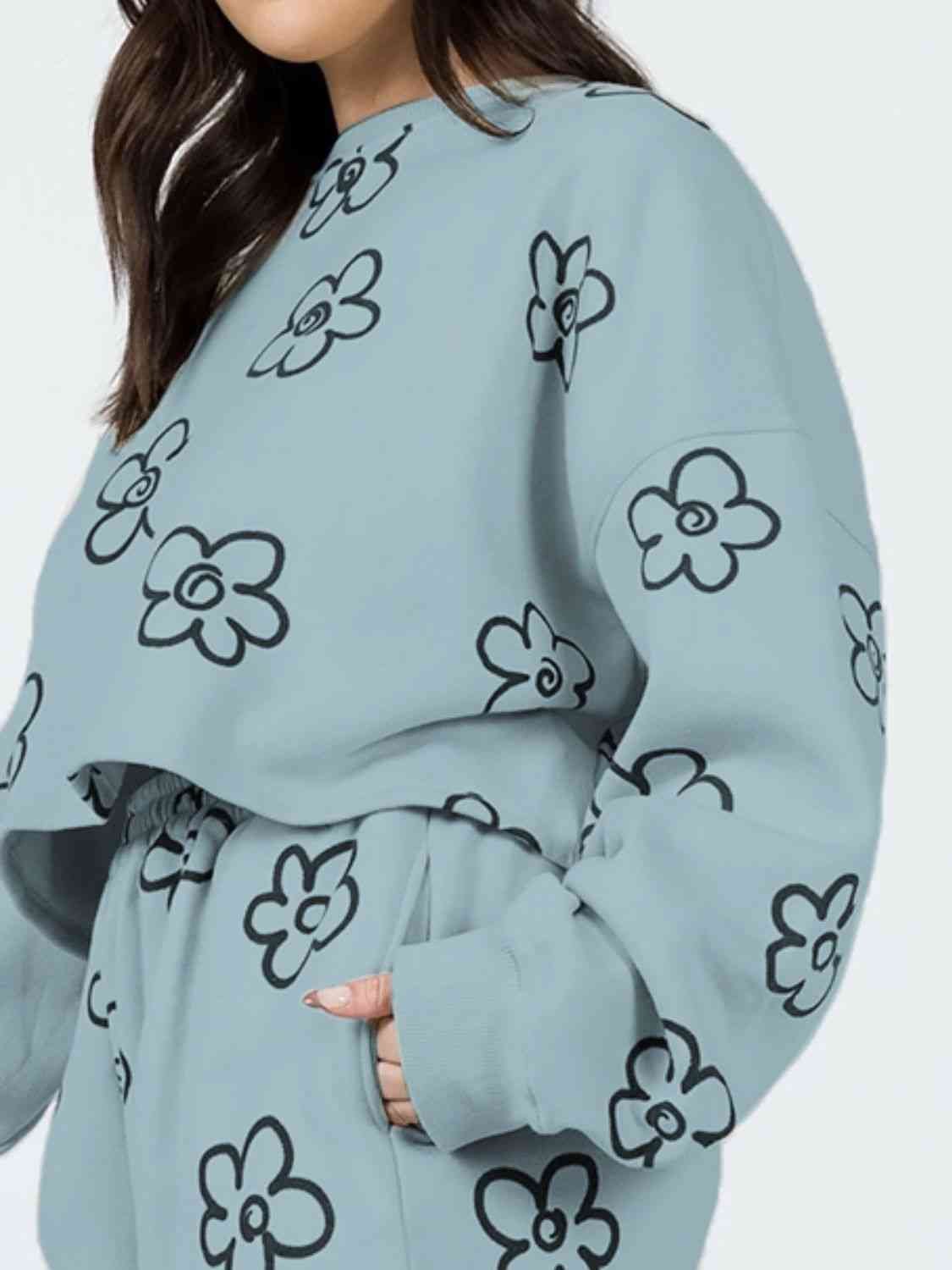FleeceFlex Floral Dropped Shoulder Sweatshirt and Shorts Set