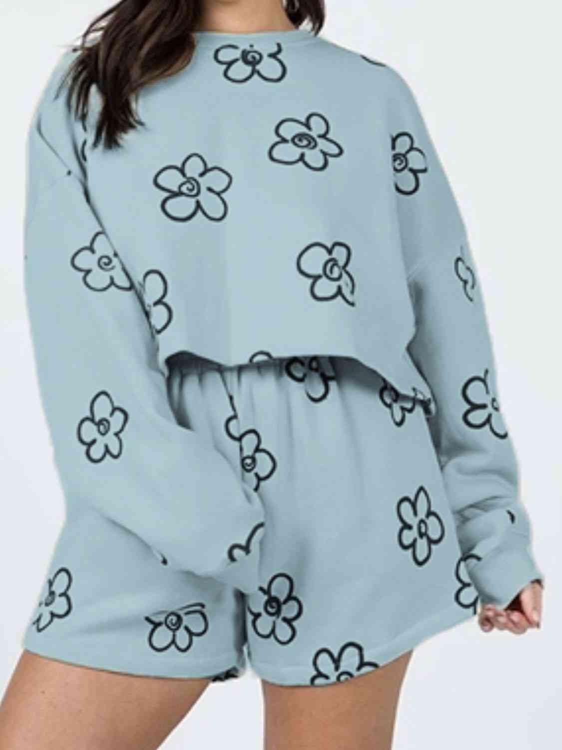 FleeceFlex Floral Dropped Shoulder Sweatshirt and Shorts Set