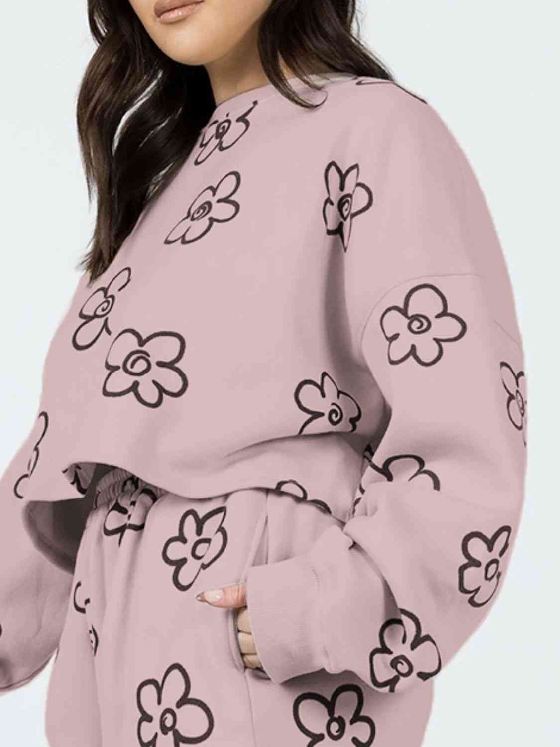 FleeceFlex Floral Dropped Shoulder Sweatshirt and Shorts Set