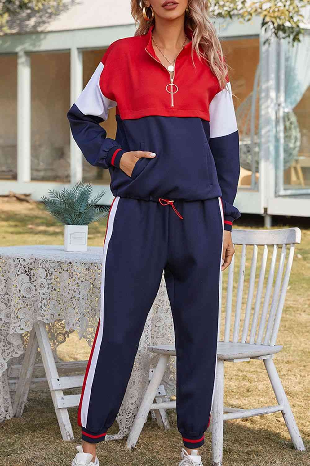 TrainTech Color Block Zipper-Down Blouse and Long Pants Set