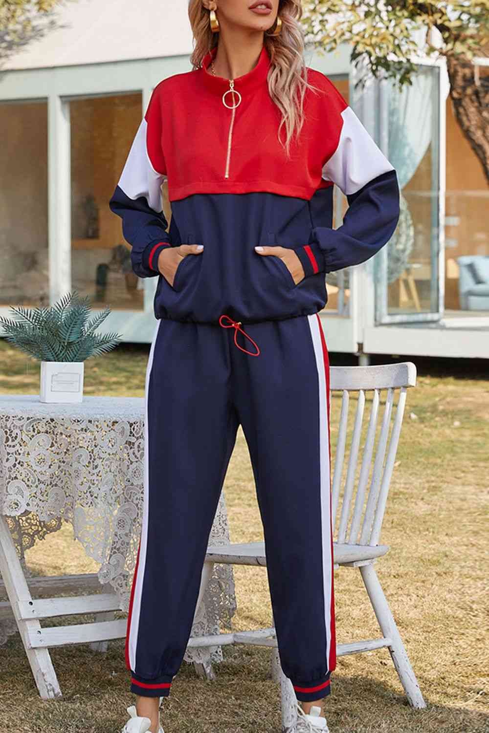 TrainTech Color Block Zipper-Down Blouse and Long Pants Set