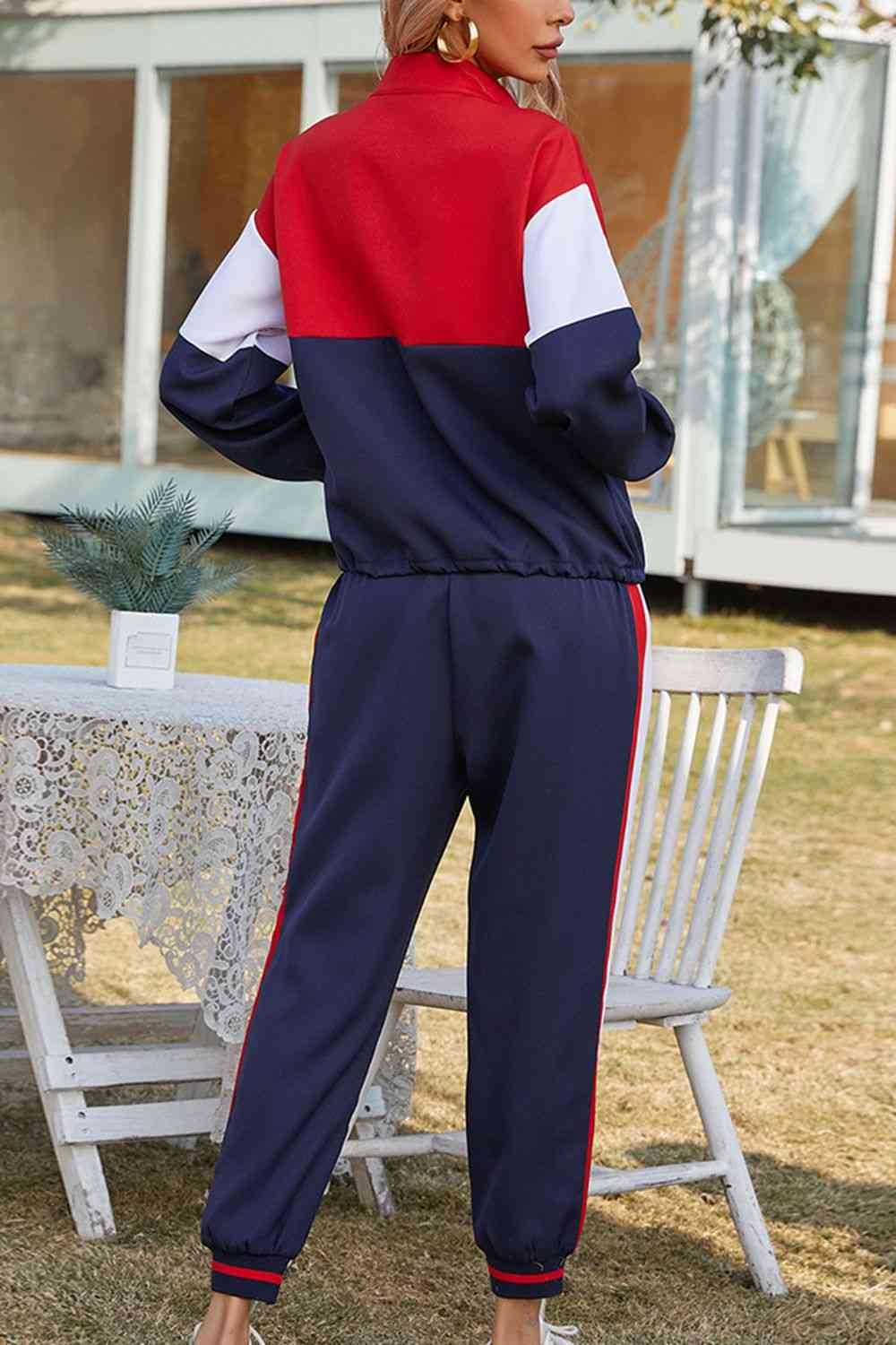 TrainTech Color Block Zipper-Down Blouse and Long Pants Set