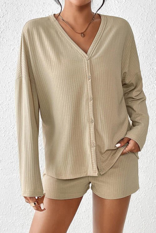 Urban Threadz Boutique Ribbed Button-Up Top and Shorts Set