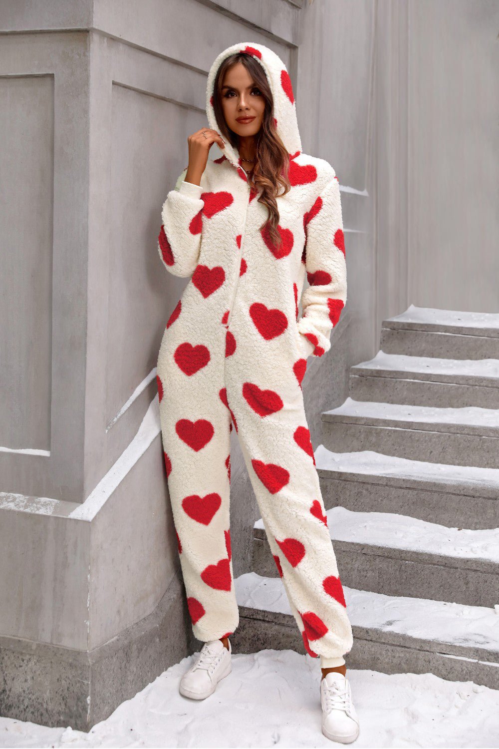 FleeceFlex Fuzzy Heart Zip Up Hooded Lounge Jumpsuit