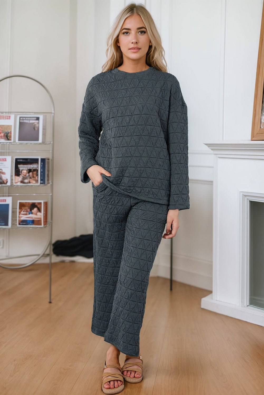 FleeceFlex Round Neck Top and Pocketed Pants Lounge Set