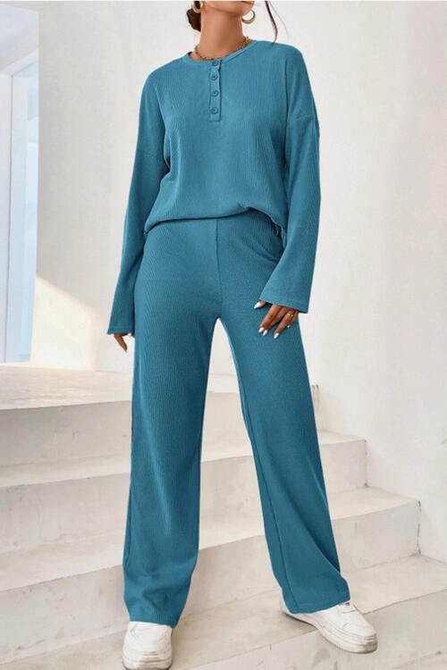 Urban Threadz Boutique Ribbed Half Button Top and Pants Set
