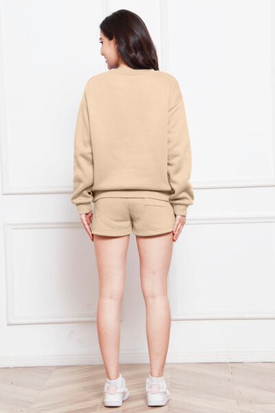 FleeceFlex Round Neck Long Sleeve Sweatshirt and Drawstring Shorts Set