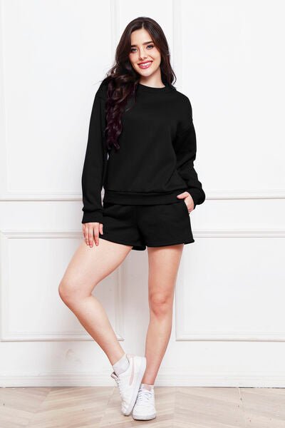 FleeceFlex Round Neck Long Sleeve Sweatshirt and Drawstring Shorts Set