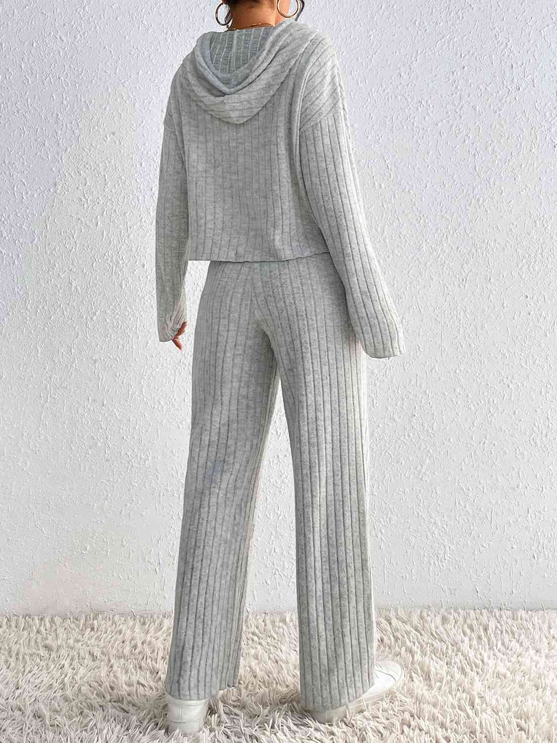 FleeceFlex Drawstring Ribbed Hoodie and Straight Leg Pants Set