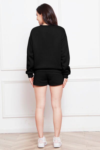 FleeceFlex Round Neck Long Sleeve Sweatshirt and Drawstring Shorts Set