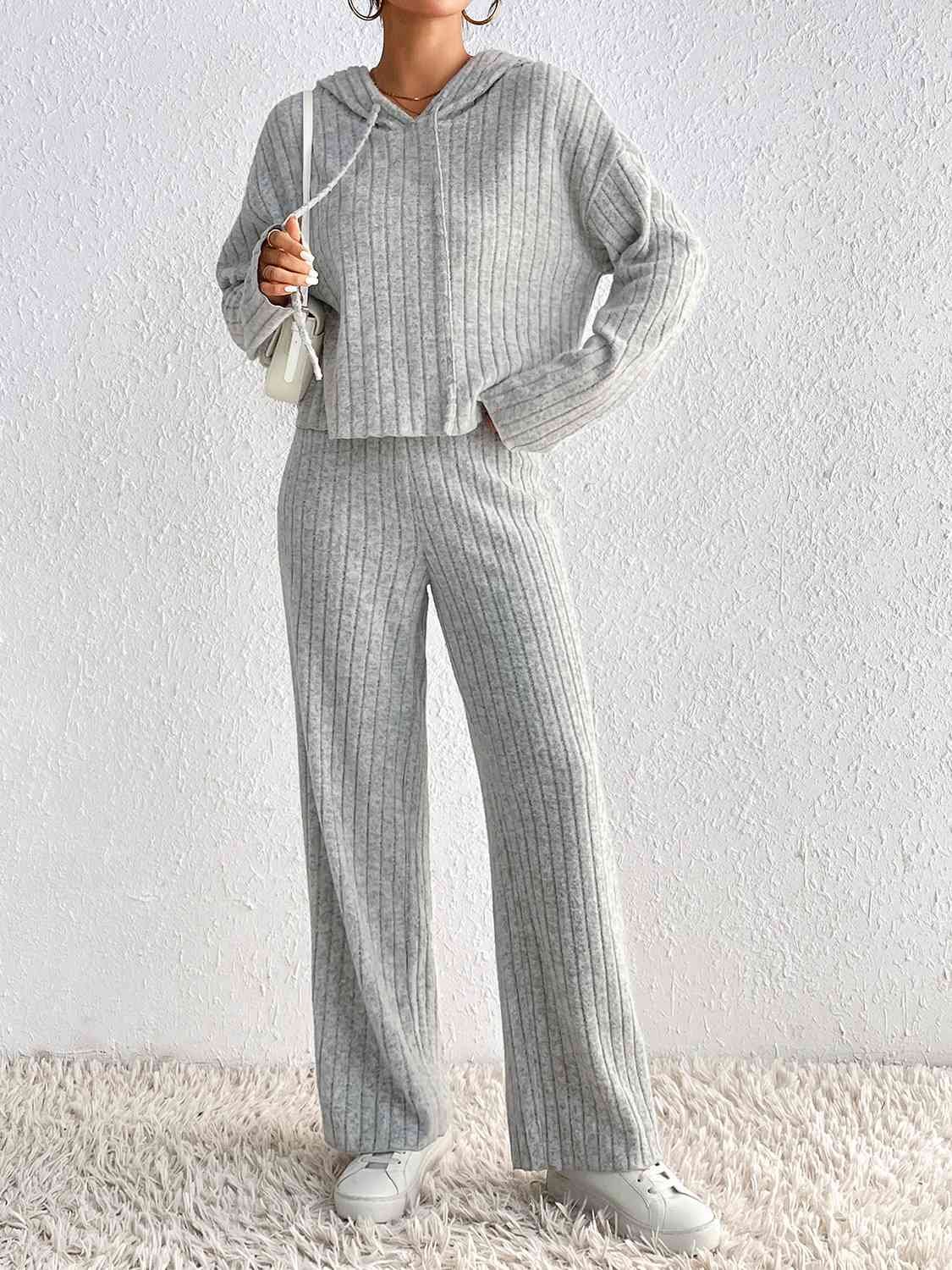FleeceFlex Drawstring Ribbed Hoodie and Straight Leg Pants Set
