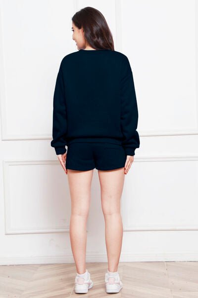 FleeceFlex Round Neck Long Sleeve Sweatshirt and Drawstring Shorts Set
