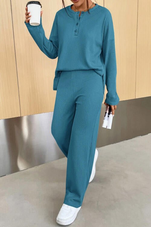 Urban Threadz Boutique Ribbed Half Button Top and Pants Set