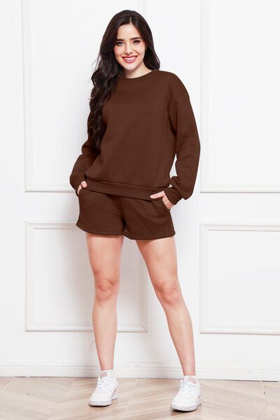 FleeceFlex Round Neck Long Sleeve Sweatshirt and Drawstring Shorts Set