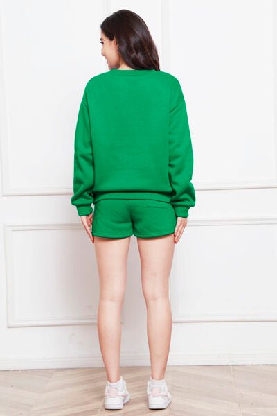 FleeceFlex Round Neck Long Sleeve Sweatshirt and Drawstring Shorts Set