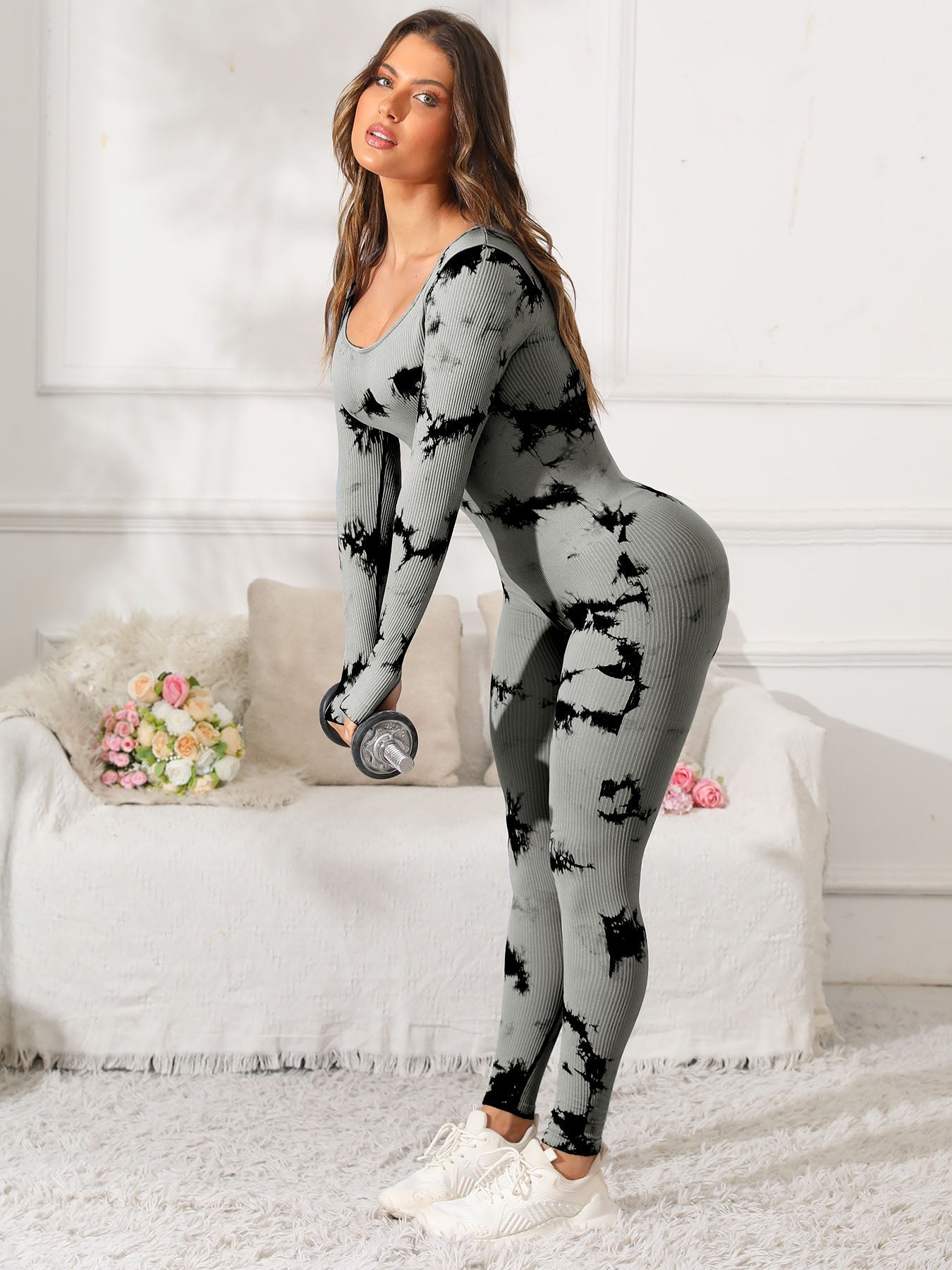 Urban Threadz Boutique Scoop Neck Long Sleeve Tie-Dye Jumpsuit